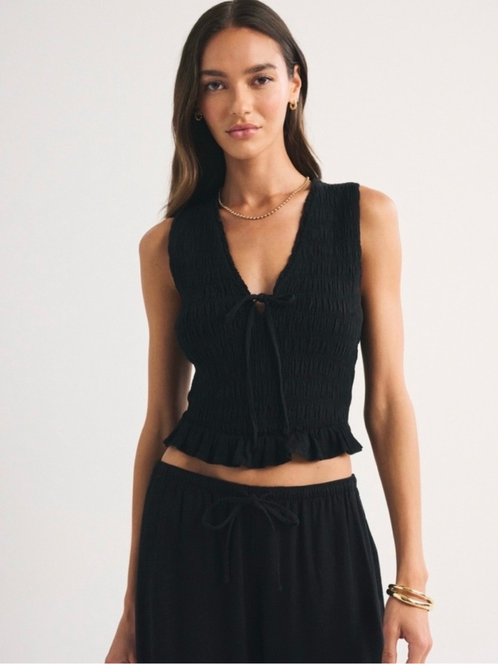 Abercrombie Black Smocked Tie-Front Sleeveless Top